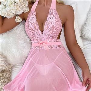 Cheap Hanging Neck Lace Babydoll, Pink Backless Lace Babydoll, Lace Sleepwear Dress, Lace Babydoll Lingerie, Sexy Pink Lace Mesh See-through Hanging Neck Backless Babydoll Sleepwear Lingerie,#N23343