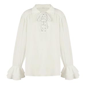 Sexy White Lapel Lace Up Shirt, Lace Up Blouse, Long Sleeve Ruffle Cuff Blouse Tops,Men