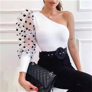 Slim Blouse, One Shoulder Casual Blouse,Casual Long Sleeve Blouse, Knit Tops,Women Casual Blouse,Fashion T-shirt, One Shoulder T-shirt, One Shoulder Polka Dots Long Sleeve Tops, #N21092