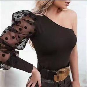 Slim Blouse, One Shoulder Casual Blouse,Casual Long Sleeve Blouse, Knit Tops,Women Casual Blouse,Fashion T-shirt, One Shoulder T-shirt, One Shoulder Polka Dots Long Sleeve Tops, #N21093