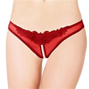 Sexy Red Panty, Sexy Night Club Panty for Women, Red Crotchless Thong, Low Waist Mesh Panty, Sexy Crotchless Applique Pearl Panty, #PT17276