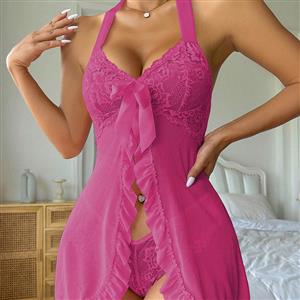 Bowknot Open Lingerie, Cheap Lingerie, Sheer Mesh Babydoll, Rose Backless Mesh Babydoll, Lace Sleepwear Dress, Stimulate Rose Lace Mesh Low-bra Hanging Neck Backless Babydoll Sleepwear Lingerie,#N23378