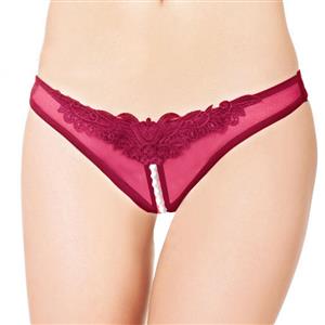 Sexy Rose-Red Panty, Sexy Night Club Panty for Women, Rose-Red Crotchless Thong, Low Waist Mesh Panty, Sexy Crotchless Applique Pearl Panty, #PT17275