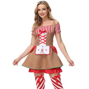 Lovely Santa Girl Red and White Striped Off-shoulder Dress Gingerbread Man Christmas Costume XT21626