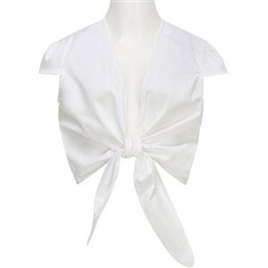 Fashion Crop Top for Women, Short Sleeve Deep V Neck Crop Top, White Lace-up Crop Top, Women