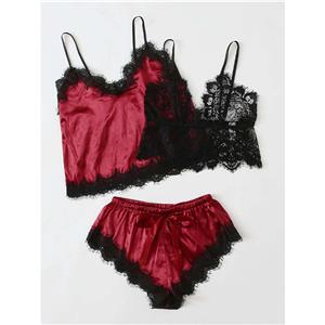 Sexy Satin Lingerie Set, Fashion Satin Camisole and Panty Set, 3 Piece Thin Satin Lingerie Sets, Floral Lace Panty Chemise, Satin Camisole and Panty Underwear Set, Sexy Floral Lace Camisole and Panty Set, #N20820