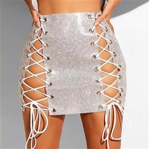 Lace Up A-line Mini Skirt, White Flash Drilling Skirt, Fashion Sexy White Skirt, A-line Mini Skirt,Flash Drilling Mini Skirt, #N20971