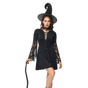 Sexy Witch Long Sleeve Hollow Out Lace-up Dress Adult Halloween Cosplay Costume N23239