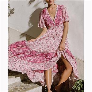 Vintage Short Sleeve V Neck Maxi Dress, Casual Floral Printed Beach Dress, Casual Holiday Printed Maxi Dress, Women