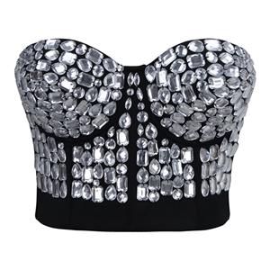 Silver Studded Gem B Cup Black Bustier Bra, B Cup Bustier Bra, Cheap Black and Silver Studded Gem Bustier Bra, #N10059