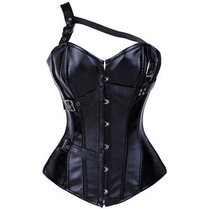 Single Shoulder Strap Faux Leather Corset, Faux Leather Buckles Corset, Steampunk Faux Leather Corset, #N6548