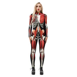 Horrible Skull Printed Jumpsuit, Halloween Skeleton High Neck Slim Fit Bodysuit, Halloween Bodycon Jumpsuit, Long Sleeve High Neck Jumpsuit, Halloween Skeleton Jumpsuit for Women, #N21248