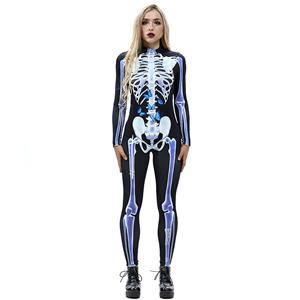 Horrible Skull Printed Jumpsuit, Halloween Skeleton High Neck Slim Fit Bodysuit, Halloween Bodycon Jumpsuit, Long Sleeve High Neck Jumpsuit, Halloween Skeleton Jumpsuit for Women, #N18235