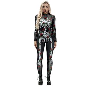 Horrible Skull Printed Jumpsuit, Halloween Skeleton High Neck Slim Fit Bodysuit, Halloween Bodycon Jumpsuit, Long Sleeve High Neck Jumpsuit, Halloween Skeleton Jumpsuit for Women, #N18237