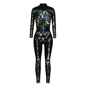 Horrible Skull Printed Jumpsuit, Halloween Skeleton High Neck Slim Fit Bodysuit, Halloween Bodycon Jumpsuit, Long Sleeve High Neck Jumpsuit, Halloween Skeleton Jumpsuit for Women, #N21399