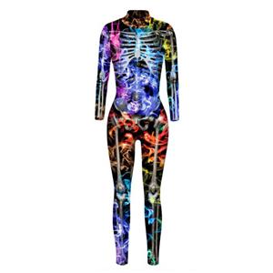 Horrible Skull Printed Jumpsuit, Halloween Skeleton High Neck Slim Fit Bodysuit, Halloween Bodycon Jumpsuit, Long Sleeve High Neck Jumpsuit, Halloween Skeleton Jumpsuit for Women, #N21400