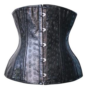 Skull Print Underbust Corset, Steel Boning Leather Underbust Corset, Skull Print Metal Boned Corset, #N8401