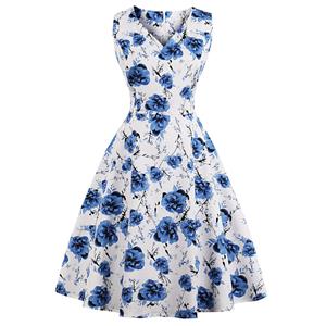 Vintage Sleeveless V Neck Midi Dress, Retro Floral Print Swing Dress, Classical Sleeveless Printed Midi Dress, Women