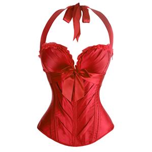 Red Satin Halter Corset, Low Cup Overbust Corset, Padded Bra Boned Corset, Christmas Corset, #N9181