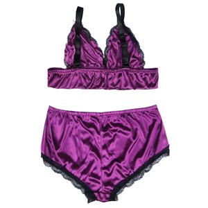 Sexy Purple Satin Spaghetti Strap Lace Trim Bra Top And Panty Lingerie