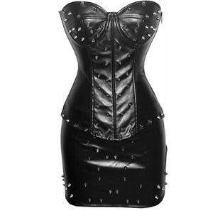 Spiked Leather Corset & Skirt, Spiked Leather Corset Set, Black Spiked Corset Set, #N5915