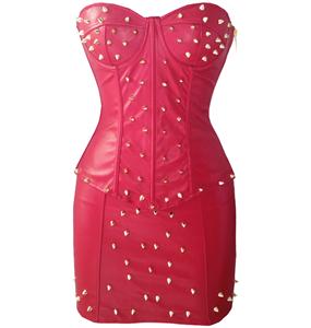 Spiked Leather Corset & Skirt, Spiked Leather Corset Set, Red Spiked Corset Set, Christmas Corset, #N5998