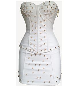 Spiked Leather Corset & Skirt, Spiked Leather Corset Set, White Spiked Corset Set, #N5999