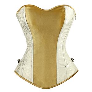 Gold Satin Strapless Corset, Satin and Brocade Corset, Gold and White Overbust Corset, #N8854