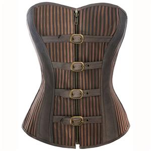 Brown Striped Corset, Fashion Steel Bone Corset, Cheap Steampunk Corset, Front Zipper Corset,Punk Corset, #N9793