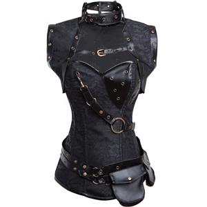 Black Faux Leather and Brocade Corset, Steel Boned Corset with Jacket, Steampunk High Neck Pocket Corset, #N8734