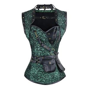 Steampunk Steel Boned Corset for Women, vintage corset bustier tops, Steel Boning Corset blet, Steampunk clothing for halloween,green retro overbust corset, #N11329