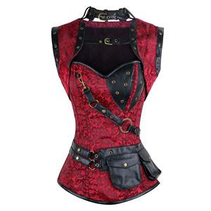 Steampunk Steel Boned Corset for Women, Christmas corset bustier tops, Steel Boning Corset blet, Steampunk clothing for halloween, Red retro overbust corset, #N11330