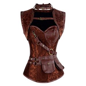 Brown Faux Leather and Brocade Corset, Steel Boned Corset with Jacket, High Neck Pocket Corset, #N7943