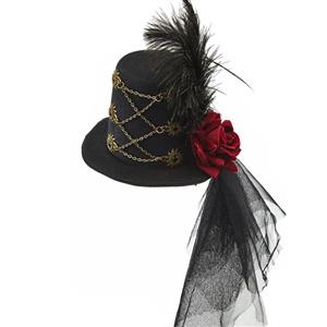 Steampunk Red Rose and Gear Lace Feather Halloween Costume Top Hat J22868