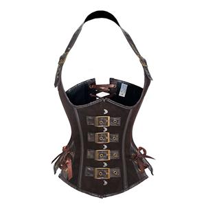 Steampunk Brown 10 Plastic Boned Hanging Neck Waist Cincher Underbust Corset N23351