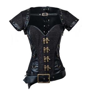 Black Lace and Faux Leather Overbust Corset, Jacket & Belt D-Ring Corset, Steampunk Corset with Detachable Belt and Jacket, Black Steel Bone Corset, #N10614