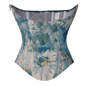 Underbust Corset Trainer for Women, Steampunk Corset Waist Trainer, Plastic Boned  Blue Chrysanthemum Underbust Corset , Waist Cincher for Women, #N22294