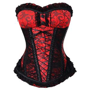 Sexy Laces Front Corset, Steel Boned Corset, Fashion Red Jacquard Overbust Corset, Brocade Lace Outerwear Corset, Christms Corset, #N10638