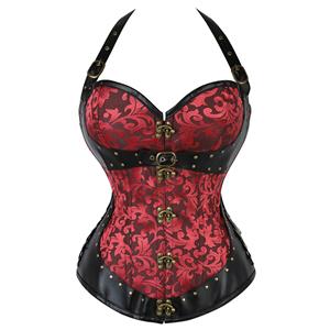 Steel Boned Jacquard Overbust Corset,Victorian Corset, Vintage Corset for Women, Gothic Corset Waist Trainer Plus Size, Brown Corset Halter Top, Steampunk Gothic Corset, #N20893