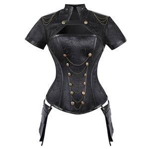 Steampunk Steel Boned Corset for Women, Sexy Black Overbust Corset Top, Gothic Vintage Corset Bustier with Belt, Pirate Halloween Costume Corset,Steel Boned Outerwear Corset, #N20890