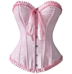 Strapless Pink Burlesque Corset, Pink Brocade Burlesque Corset with Ruffle Trim, Pink Corset, #M6528