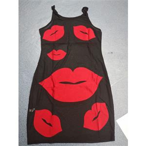 Sexy Mini Dress for Women, Black Mini Dress, Sexy Round Neck Vest Dress, Hot Summer Casual Dress, Stripe Mini Dress for Women,Fashion Summer Dress, Red Lip Print Dress, #N18957