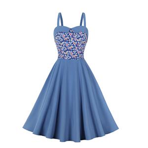 Sweet Blue Print Pattern Spaghetti Straps High Waist V Neck Sleeveless Midi Swing Dress N23030