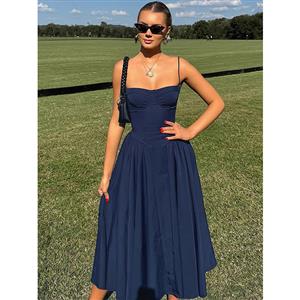 navy blue dress, sweetheart neckline dress, strapless midi dress, A-line formal dress, dress with pockets, elegant evening dress, lightweight summer dress, wedding guest dress, cocktail party dress, versatile occasion wear #N23784
