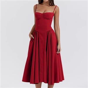 red strapless dress, corset midi dress, pleated skirt dress, dress with pockets, elegant evening dress, wedding guest dress, cocktail party dress, bodycon formal dress, stretch fabric dress, special occasion outfit #N23785
