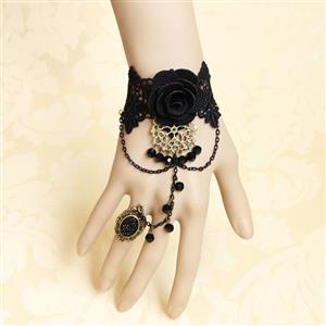 Vintage Black Floral Lace Bracelet, Gothic Black Rose Bracelet, Cheap Wristband, Gothic Black Lace Bracelet, Victorian Black Lace Bracelet, Retro Black Floral Lace Wristband, Lace Bracelet with Ring, #J18064