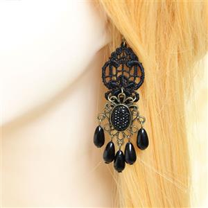 Retro Alloy Earrings, Gothic Style Earrings, Fashion Black Floral Lace Earrings for Women, Vintage Black Floral Lace Earrings, Casual Black Earrings, Victorian Gothic Earrings, Fashion Black Lace with Gem and Beads Drop Earrings, #J18411