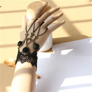 Vintage Bracelet, Gothic Bracelet, Cheap Wristband, Gothic Black Lace Bracelet, Victorian Bracelet, Retro Black Rose Wristband, Bracelet with Ring, #J17869