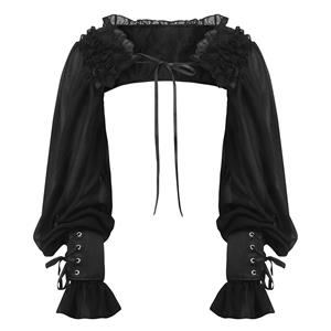 Gothic, Chiffon, Off-Shoulder, Long Sleeve, Lace Trim, Lace-Up, Dark Romantic, Elegant, Feminine, Stylish #N23750