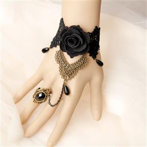 Vintage Lace Bracelet, Gothic Rose Bracelet, Cheap Wristband, Gothic Black Lace Bracelet, Victorian Floral Lace Bracelet, Retro Black Floral Lace Wristband, Bracelet with Ring, #J18167